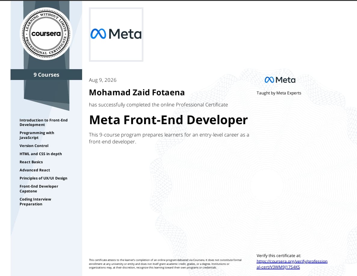 Meta Front-End Developer Professional Certificate